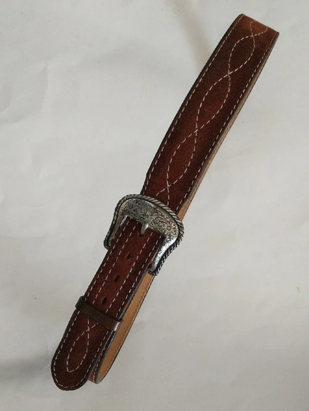Brown Bonded Leather/ Suede Men’s Belt with Decorative Silver Buckle